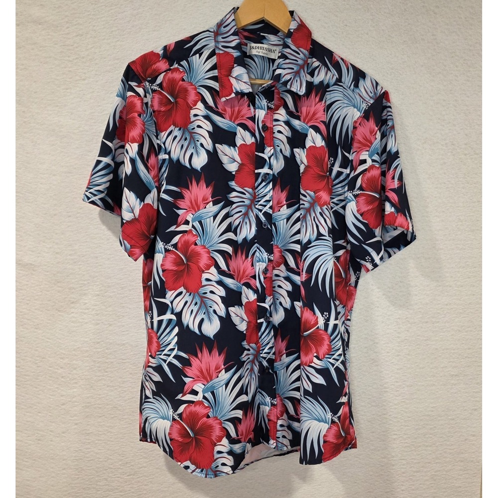 J & Dhuasha Men Hawaiian Blue Red White Floral Collared ShortSleeve Shirt Medium